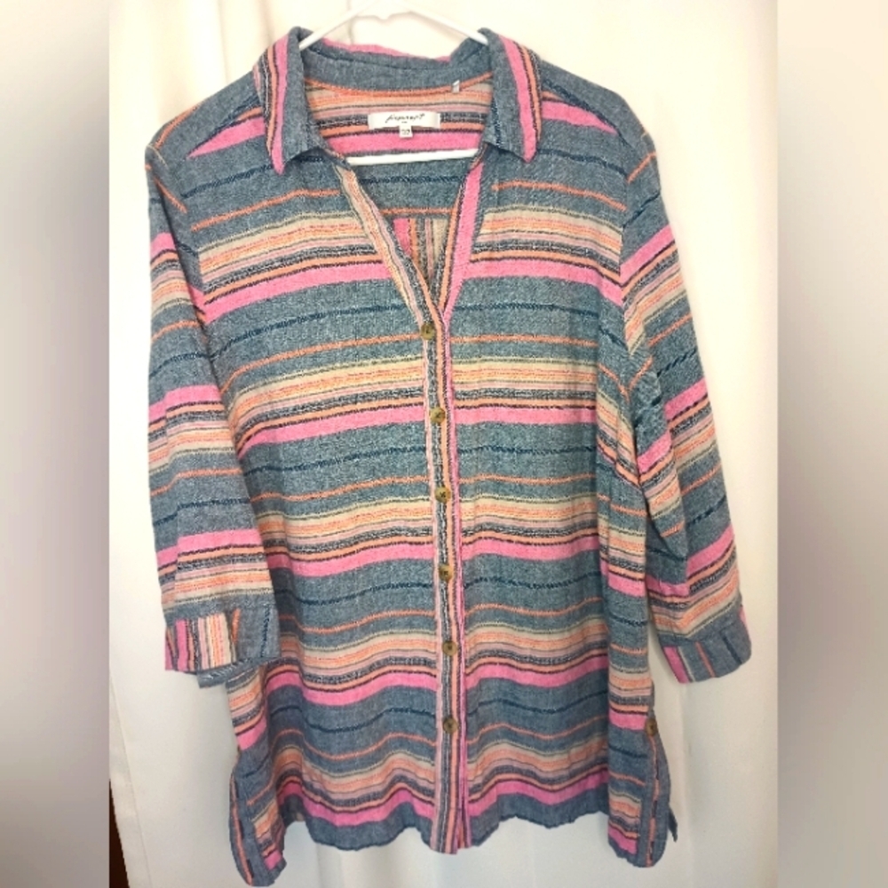 Foxcroft Shaped Fit Linen Blend Shirt 24W Multicolor Stripes Side Button Tunic